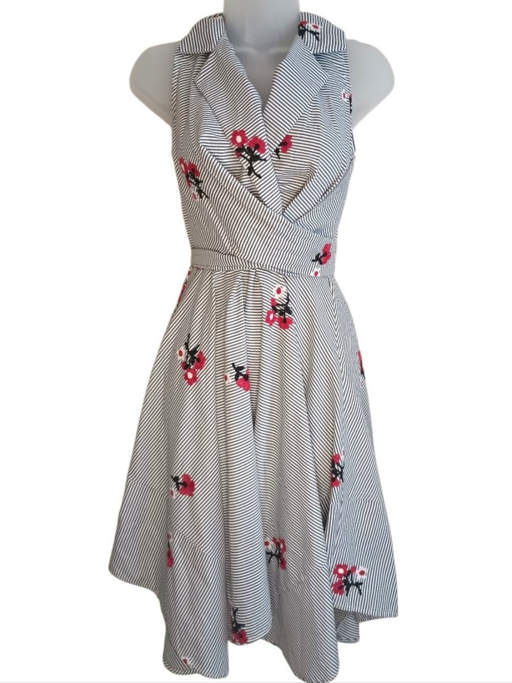 Eva Franco Retro Fit And Flare Striped Shirt Dress With Floral Embroidery Size 4